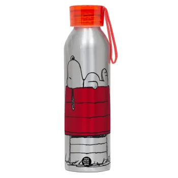Το σπίτι του snoopy, Αλουμινένιο Αθλητικό Μπουκάλι 650ml – Ασημί με Κόκκινο Καπάκι και Λουράκι Σιλικόνης