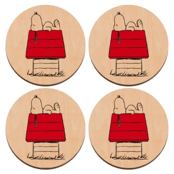 Το σπίτι του snoopy, ΣΕΤ x4 Σουβέρ ξύλινα στρογγυλά plywood (9cm)