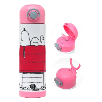 Το σπίτι του snoopy, Children's hot water bottle, stainless steel, with safety straw, PINK (500ml)