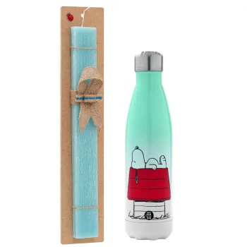 Το σπίτι του snoopy, Easter Set, Metallic green/white thermos (Stainless steel), double-walled, 500ml & scented flat Easter candle (30cm) (TURQUOISE)
