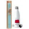 Easter Set, metallic stainless steel water bottle (750ml) & aromatic flat Easter candle (30cm) (TURQUOISE)