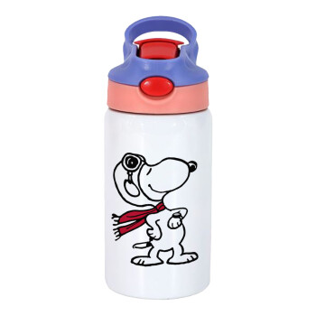 Snoopy ο πιλότος, Children's hot water bottle, stainless steel, with safety straw, pink/purple (350ml)