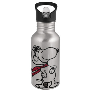 Snoopy ο πιλότος, Water bottle Silver with straw, stainless steel 500ml