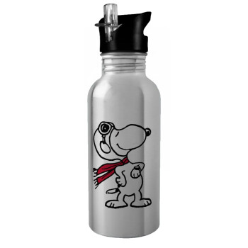 Snoopy ο πιλότος, Water bottle Silver with straw, stainless steel 600ml
