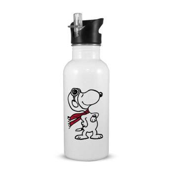 Snoopy ο πιλότος, White water bottle with straw, stainless steel 600ml
