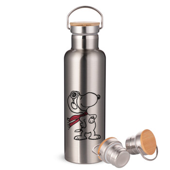 Snoopy ο πιλότος, Stainless steel Silver with wooden lid (bamboo), double wall, 750ml
