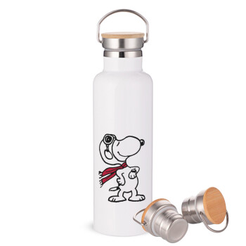 Snoopy ο πιλότος, Μεταλλικό παγούρι θερμός (Stainless steel) Λευκό με ξύλινο καπάκι (bamboo), διπλού τοιχώματος, 750ml