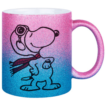 Snoopy ο πιλότος, Κούπα Χρυσή/Μπλε Glitter, κεραμική, 330ml