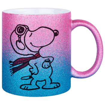 Snoopy ο πιλότος, Κούπα Χρυσή/Μπλε Glitter, κεραμική, 330ml