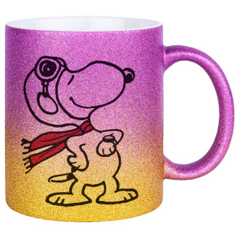 Snoopy ο πιλότος, Κούπα Χρυσή/Ροζ Glitter, κεραμική, 330ml