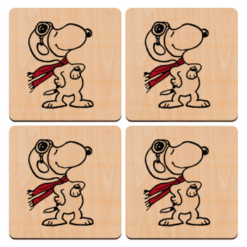 Snoopy ο πιλότος, ΣΕΤ x4 Σουβέρ ξύλινα τετράγωνα plywood (9cm)