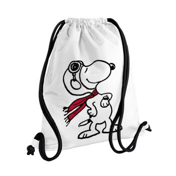 Snoopy ο πιλότος, Backpack pouch GYMBAG white, with pocket (40x48cm) & thick cords
