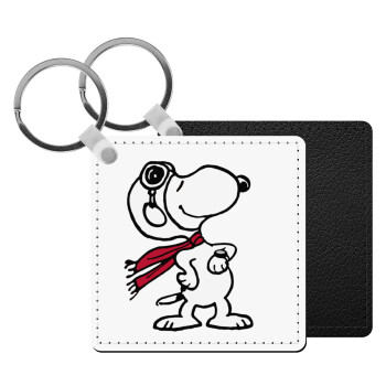 Snoopy ο πιλότος, Μπρελόκ Δερματίνη, τετράγωνο ΜΑΥΡΟ (5x5cm)