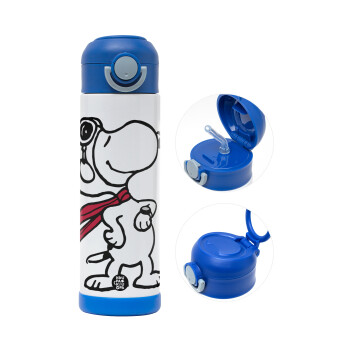 Snoopy ο πιλότος, Παιδικό παγούρι θερμό, ανοξείδωτο, με καλαμάκι ασφαλείας, ΜΠΛΕ (500ml)