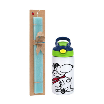 Snoopy ο πιλότος, Πασχαλινό Σετ, Παιδικό παγούρι θερμό, ανοξείδωτο, με καλαμάκι ασφαλείας, πράσινο/μπλε (350ml) & πασχαλινή λαμπάδα αρωματική πλακέ (30cm) (ΤΙΡΚΟΥΑΖ)