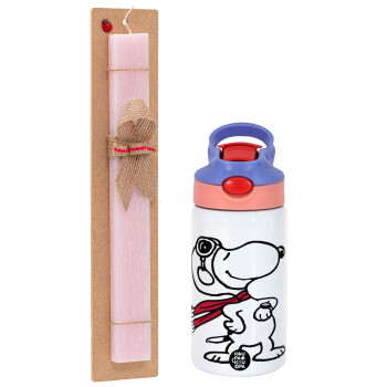 Snoopy ο πιλότος, Πασχαλινό Σετ, Παιδικό παγούρι θερμό, ανοξείδωτο, με καλαμάκι ασφαλείας, ροζ/μωβ (350ml) & πασχαλινή λαμπάδα αρωματική πλακέ (30cm) (ΡΟΖ)