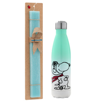 Snoopy ο πιλότος, Easter Set, Metallic green/white thermos (Stainless steel), double-walled, 500ml & scented flat Easter candle (30cm) (TURQUOISE)