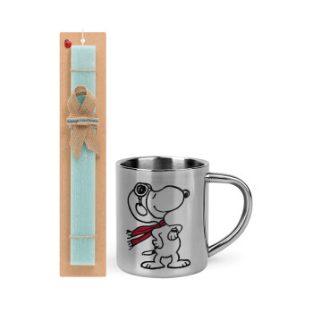 Snoopy ο πιλότος, Easter Set, metallic thermal cup (300ml) & aromatic flat Easter candle (30cm) (TURQUOISE)
