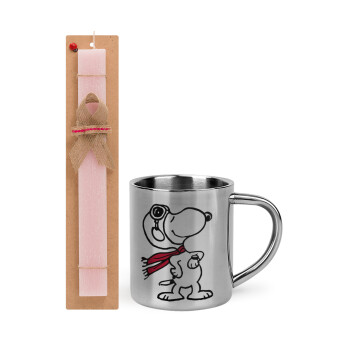 Snoopy ο πιλότος, Πασχαλινό Σετ, μεταλλική κούπα θερμό (300ml) & πασχαλινή λαμπάδα αρωματική πλακέ (30cm) (ΡΟΖ)