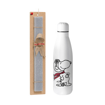 Snoopy ο πιλότος, Easter Set, metallic stainless thermos bottle (500ml) & scented flat Easter candle (30cm) (GRAY)
