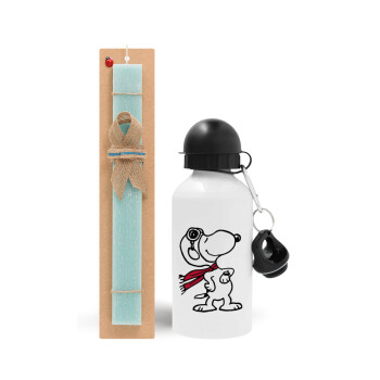 Snoopy ο πιλότος, Easter Set, metallic aluminum water bottle (500ml) & scented flat candle (30cm) (TURQUOISE)
