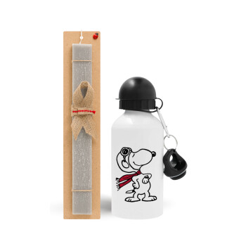 Snoopy ο πιλότος, Πασχαλινό Σετ, παγούρι μεταλλικό  αλουμινίου (500ml) & πασχαλινή λαμπάδα αρωματική πλακέ (30cm) (ΓΚΡΙ)