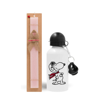 Snoopy ο πιλότος, Πασχαλινό Σετ, παγούρι μεταλλικό αλουμινίου (500ml) & πασχαλινή λαμπάδα αρωματική πλακέ (30cm) (ΡΟΖ)