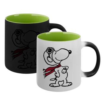 Snoopy ο πιλότος, Κούπα Μαγική εσωτερικό πράσινο, κεραμική 330ml που αλλάζει χρώμα με το ζεστό ρόφημα (1 τεμάχιο)