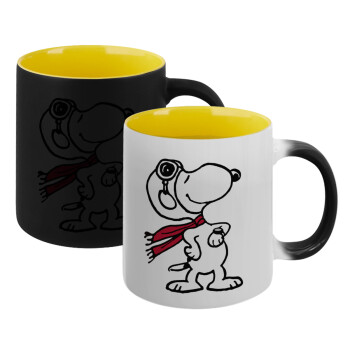 Snoopy ο πιλότος, Κούπα Μαγική εσωτερικό κίτρινη, κεραμική 330ml που αλλάζει χρώμα με το ζεστό ρόφημα (1 τεμάχιο)