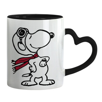 Snoopy ο πιλότος, Κούπα καρδιά χερούλι μαύρη, κεραμική, 330ml