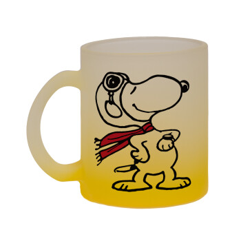 Snoopy ο πιλότος, Κούπα γυάλινη δίχρωμη με βάση το κίτρινο ματ, 330ml