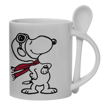 Snoopy ο πιλότος, Ceramic coffee mug with Spoon, 330ml (1pcs)
