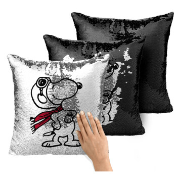 Snoopy ο πιλότος, Μαξιλάρι καναπέ Μαγικό Μαύρο με πούλιες 40x40cm περιέχεται το γέμισμα