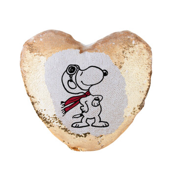 Snoopy ο πιλότος, Μαξιλάρι καναπέ καρδιά Μαγικό Χρυσό με πούλιες 40x40cm περιέχεται το  γέμισμα