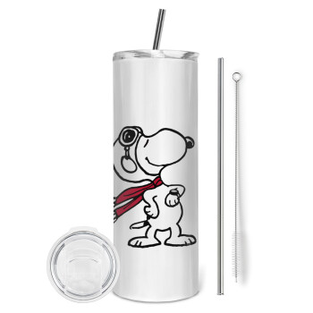 Snoopy ο πιλότος, Tumbler ποτήρι θερμό από ανοξείδωτο ατσάλι 600ml, με μεταλλικό καλαμάκι & βούρτσα καθαρισμού