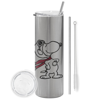 Snoopy ο πιλότος, Eco friendly stainless steel Silver tumbler 600ml, with metal straw & cleaning brush