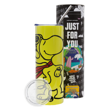 Snoopy ο πιλότος, Neon Yellow Travel Tumbler θερμό, μεταλλικό καλαμάκι(Ανωξείδωτο 304 Food grade, BPA free, 600ml)