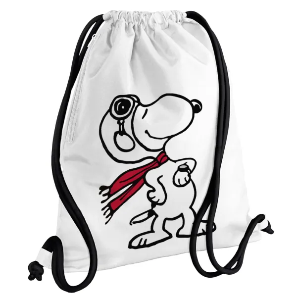 Snoopy ο πιλότος — Τσάντα πλάτης πουγκί GYMBAG λευκή, με τσέπη (40x48cm) & χονδρά κορδόνια