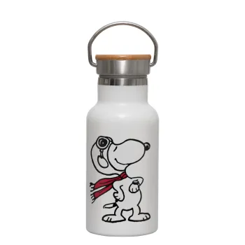 Snoopy ο πιλότος, Μεταλλικό παγούρι θερμός (Stainless steel) Λευκό με ξύλινο καπακι (bamboo), διπλού τοιχώματος, 350ml