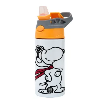 Snoopy ο πιλότος, Παιδικό παγούρι θερμό, ανοξείδωτο, με καλαμάκι ασφαλείας, Πορτοκαλί/Γκρι (360ml) BPA-FREE