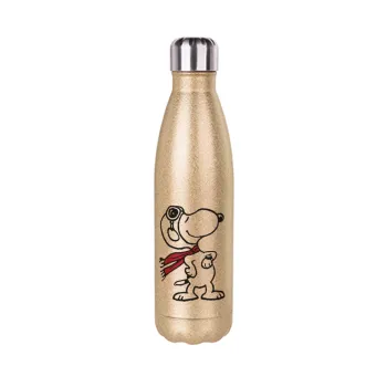 Snoopy ο πιλότος, Μεταλλικό παγούρι θερμός Glitter χρυσό (Stainless steel), διπλού τοιχώματος, 500ml