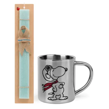 Snoopy ο πιλότος, Πασχαλινή Λαμπάδα με μεταλλική κούπα θερμό (300ml) & κερί αρωματικό πλακέ (30cm) (ΤΙΡΚΟΥΑΖ)