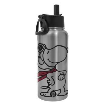Snoopy ο πιλότος, Μεταλλικό παγούρι θερμός Silver με καλαμάκι και χερούλι (Stainless steel), διπλού τοιχώματος, 950ml