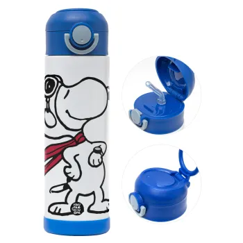 Snoopy ο πιλότος, Παιδικό παγούρι θερμό, ανοξείδωτο, με καλαμάκι ασφαλείας, ΜΠΛΕ (500ml)