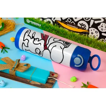 Snoopy ο πιλότος, Easter candle, Childrens hot water bottle, stainless steel, with safety straw, BLUE (500ml)