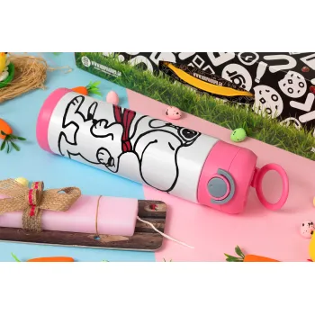 Snoopy ο πιλότος, Πασχαλινή Λαμπάδα με Παιδικό παγούρι θερμό, ανοξείδωτο, με καλαμάκι ασφαλείας, ΡΟΖ (500ml)