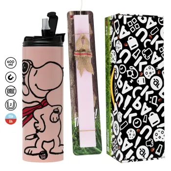 Snoopy ο πιλότος, Πασχαλινή Λαμπάδα με  ΡΟΖ Travel Tumbler θερμό (600ml, BPA free) & κερί αρωματικό πλακέ (30cm) (ΡΟΖ)