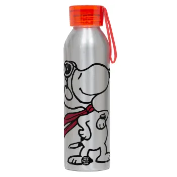 Snoopy ο πιλότος, Αλουμινένιο Αθλητικό Μπουκάλι 650ml – Ασημί με Κόκκινο Καπάκι και Λουράκι Σιλικόνης