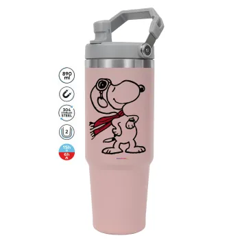 Snoopy ο πιλότος, ΡΟΖ χρώματος Θερμός Ανοξείδωτο 890ml (30oz) με χερούλι