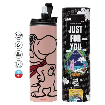Snoopy ο πιλότος, Tumbler ποτήρι θερμό ΡΟΖ από ανοξείδωτο ατσάλι 600ml